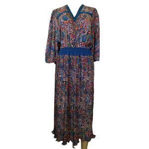 Diane Freis Midi Maxi Dress Paisley 3/4 Sleeve V Neck Elastic Waist V ne…